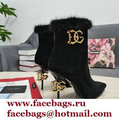 Dolce  &  Gabbana Mink Fur Thin Heel 10.5cm Leather Ankle Boots Suede Black with Baroque DG Heel 2021